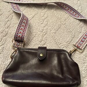 Vintage Dark Brown Crossbody Bag with Patterned Strap